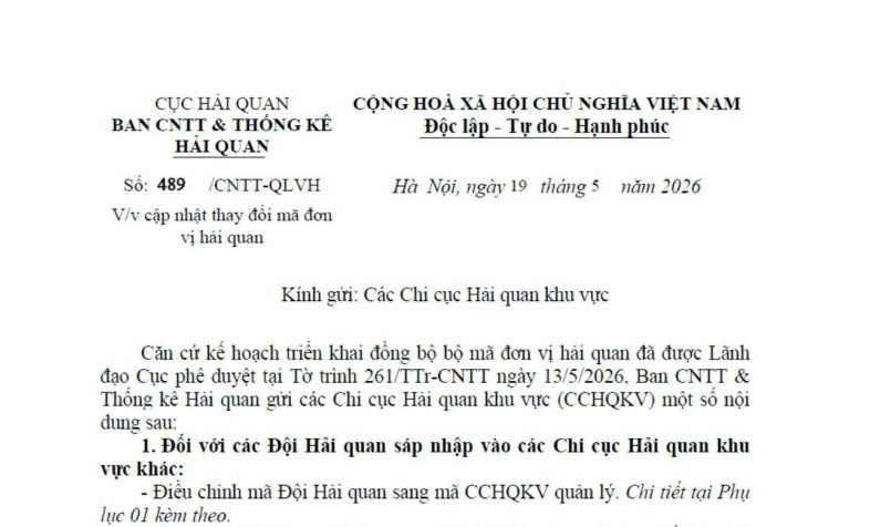 Công văn 489/CNTT-QLVH: Cập nhật thay đổi mã đơn vị hải quan từ ngày 01/6/2026
