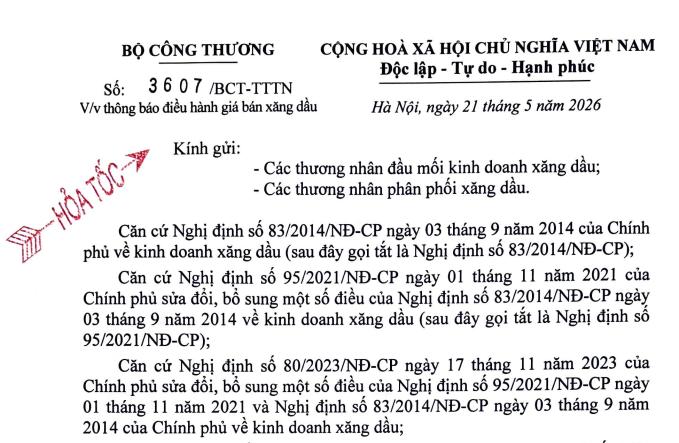 Công văn 3607 thông báo giá xăng dầu từ 15h ngày 21/5/2026