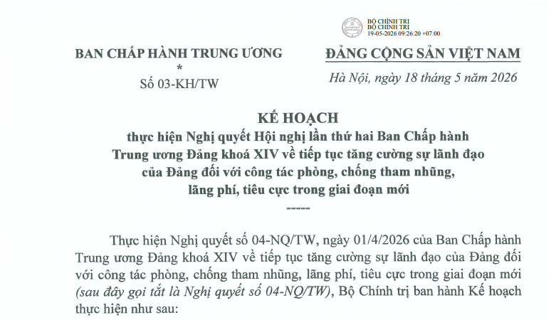 Đã có Kế hoạch 03-KH/TW thực hiện công tác phòng chống tham nhũng, lãng phí tiêu cực trong giai đoạn mới