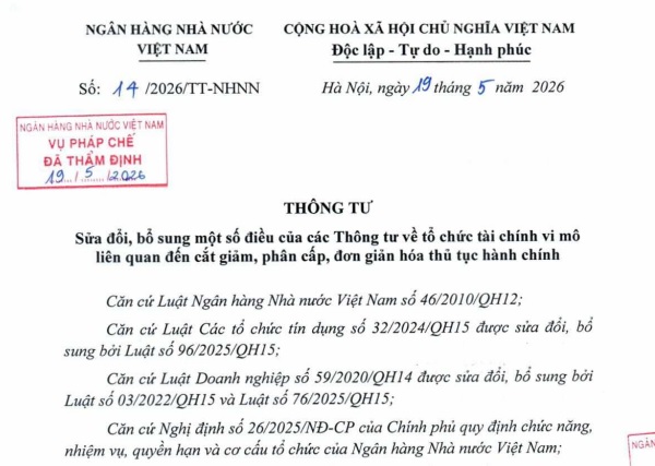 Đã có Thông tư 14/2026/TT-NHNN sửa các Thông tư về tổ chức tài chính vi mô