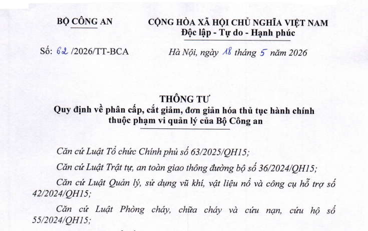 Đã có Thông tư 62/2026/TT-BCA cắt giảm đơn giản hóa thủ tục hành chính của Bộ Công an