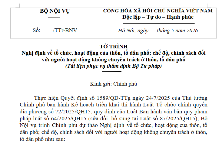 Dự thảo Tờ trình Nghị định sáp nhập thôn tổ dân phố và chế độ cán bộ KCT ở thôn tổ dân phố