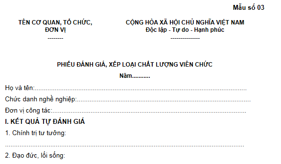 Mẫu phiếu đánh giá xếp loại chất lượng viên chức là giáo viên năm học 2025-2026