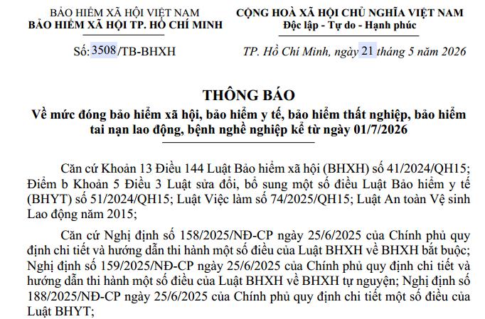 Thông báo mức đóng BHXH, BHYT, BHTN từ 1/7/2026 tại TPHCM