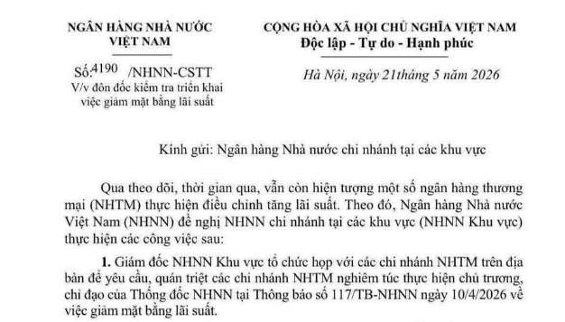 Công văn 4190/NHNN-CSTT đôn đốc kiểm tra triển khai việc giảm mặt bằng lãi suất