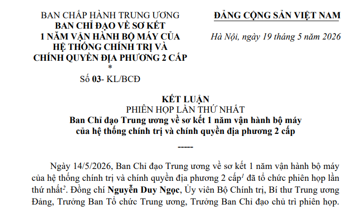 Kết luận 03-KL/BCĐ sơ kết 1 năm vận hành bộ máy và chính quyền địa phương 2 cấp