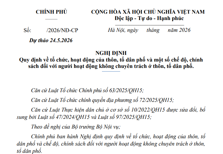Dự thảo Nghị định về sắp xếp thôn tổ dân phố trên cả nước mới nhất (dự thảo 24/5/2026)