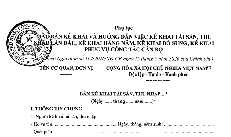 Mẫu kê khai tài sản thu nhập và hướng dẫn điền từ 01/7/2026 (Nghị định 164/2026)