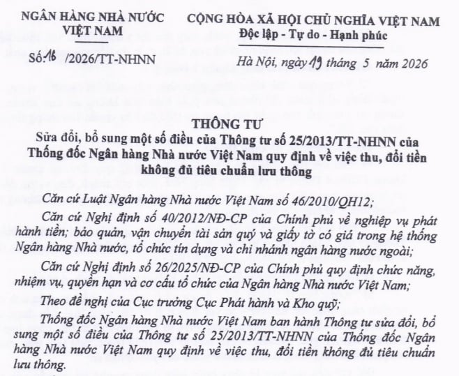 Đã có Thông tư 16/2026/TT-NHNN sửa quy định thu đổi tiền không đủ tiêu chuẩn lưu thông