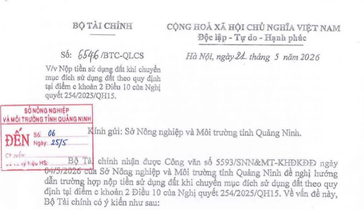 Công văn 6546/BTC-QLCS hướng dẫn nộp tiền sử dụng đất khi chuyển mục đích sử dụng đất