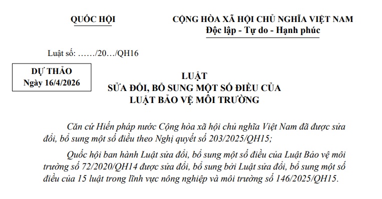 Đã có dự thảo Luật sửa đổi Luật Bảo vệ môi trường