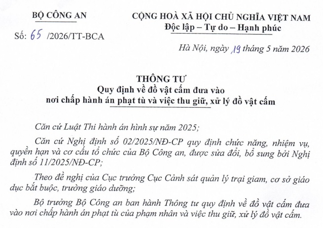Đã có Thông tư 65/2026/TT-BCA quy định đồ vật cấm đưa vào nơi chấp hành án phạt tù