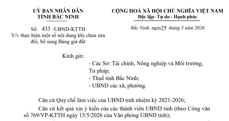 Chỉ đạo mới về sửa đổi bảng giá đất Bắc Ninh 2026