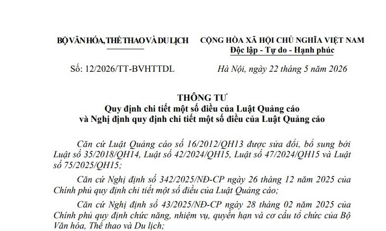Đã có Thông tư 12/2026/TT-BVHTTDL quy định chi tiết Luật Quảng cáo từ ngày 05/7/2026