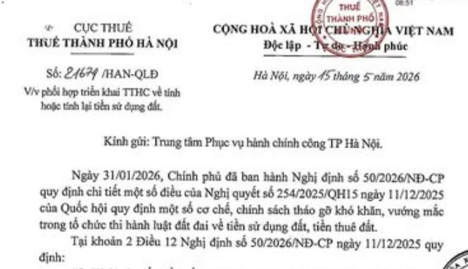 Công văn phối hợp triển khai TTHC về tính tiền sử dụng đất của Thuế TP Hà Nội