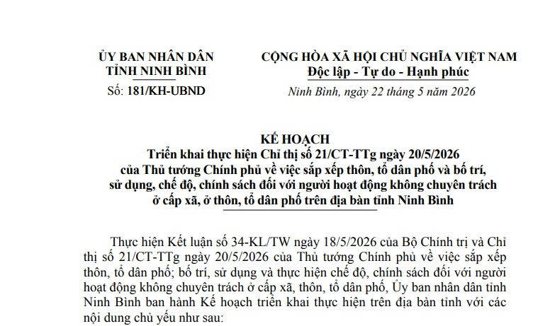 Đã có Kế hoạch sắp xếp thôn và tổ dân phố trên địa bàn tỉnh Ninh Bình (Kế hoạch 181/KH-UBND) 