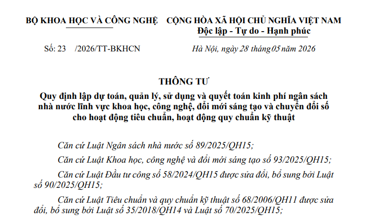 Đã có Thông tư 23/2026/TT-BKHCN quy định kinh phí khoa học công nghệ và chuyển đổi số