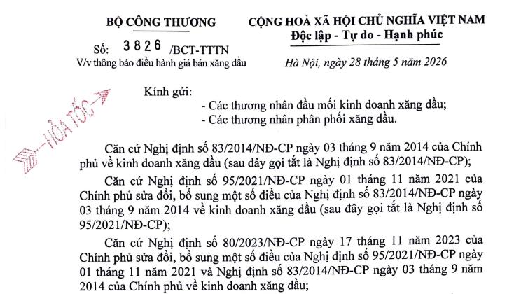 Công văn 3826 thông báo giá xăng dầu từ 15h ngày 21/5/2026