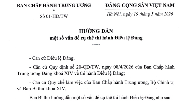Đã có Hướng dẫn 01-HD/TW 2026 thi hành Điều lệ Đảng