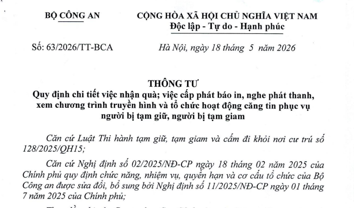 Đã có Thông tư 63/2026/TT-BCA về nhận quà, cấp phát báo đài và tổ chức căng tin phục vụ người tạm giam