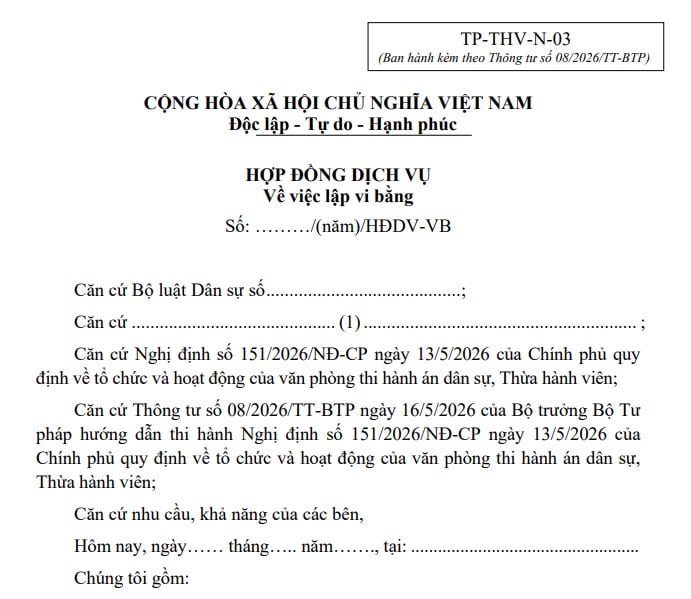 Mẫu hợp đồng dịch vụ lập vi bằng từ 01/7/2026 (Mẫu TP-THV-N-03)