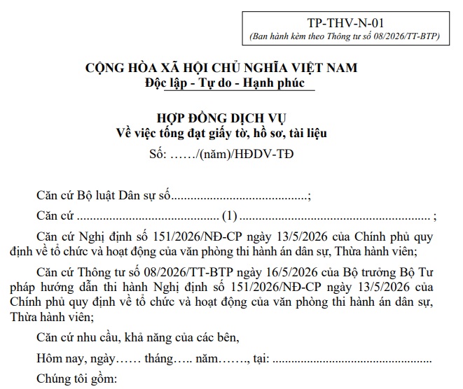 Mẫu hợp đồng dịch vụ tống đạt từ 01/7/2026 (Mẫu TP-THV-N-01)