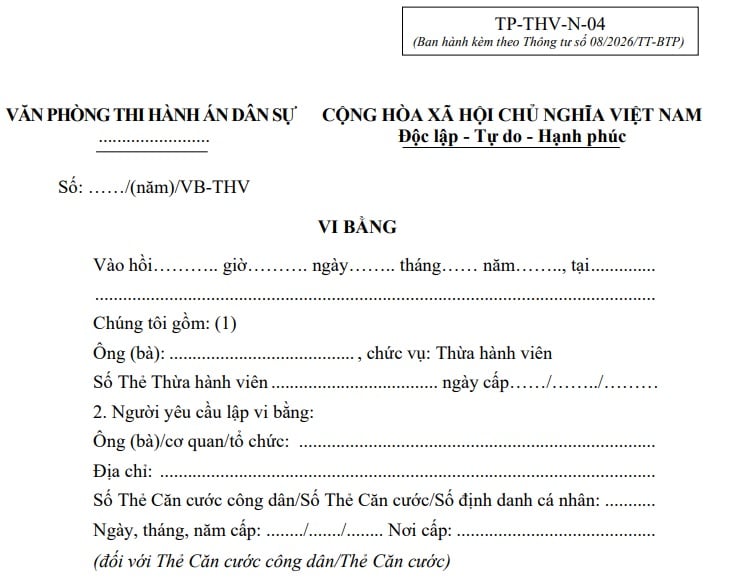 Mẫu vi bằng mới nhất từ 01/7/2026 (Mẫu TP-THV-N-04)