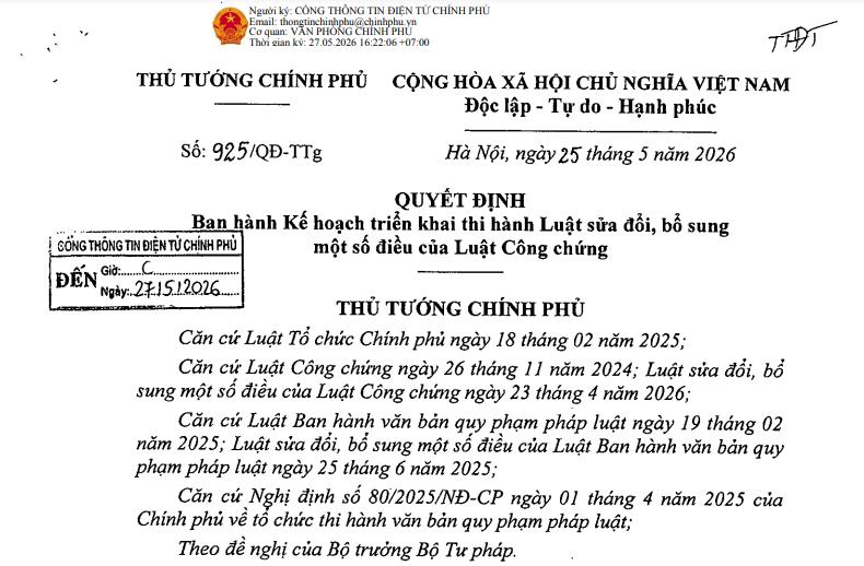 Quyết định 925: Kế hoạch triển khai Luật sửa đổi Luật Công chứng