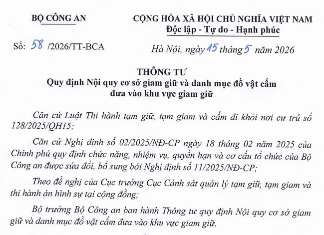 Đã có Thông tư 58/2026/TT-BCA danh mục đồ vật cấm đưa vào khu vực giam giữ