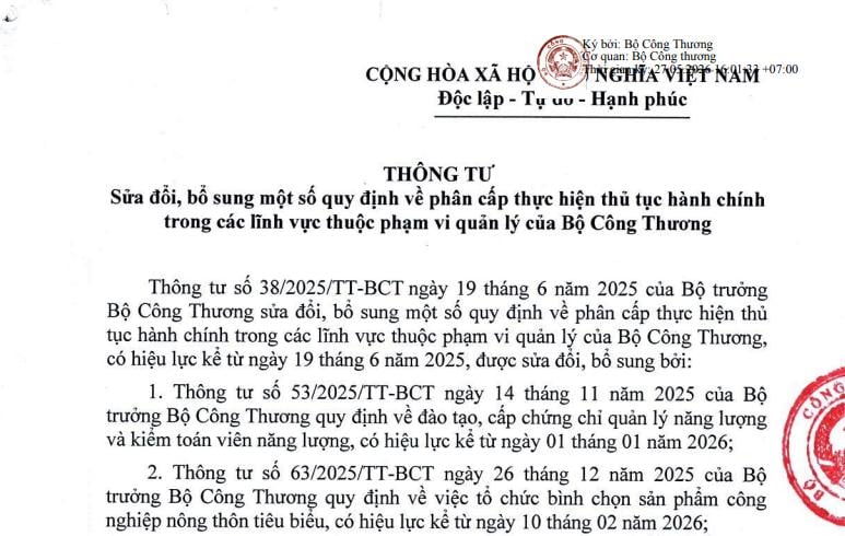 Văn bản hợp nhất Thông tư sửa đổi phân cấp TTHC của Bộ Công Thương mới nhất 2026