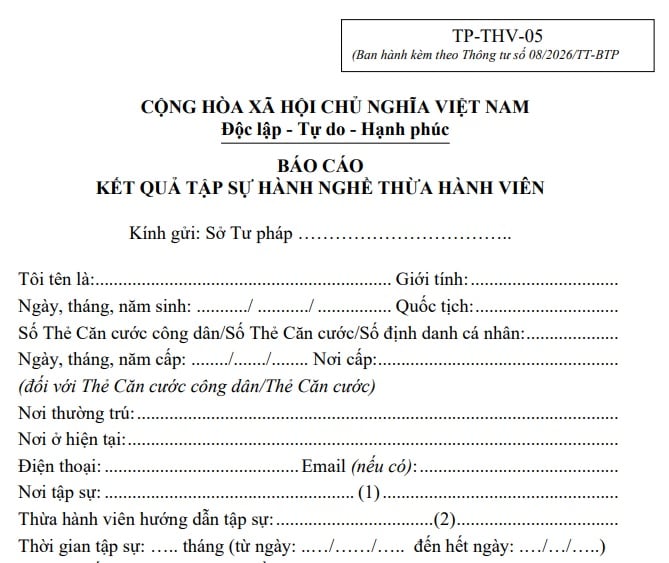 Mẫu báo cáo kết quả tập sự hành nghề Thừa hành viên từ 01/7/2026 (Mẫu TP-THV-05)