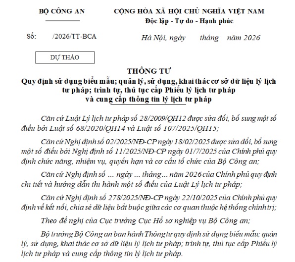 Dự thảo Thông tư về thủ tục cấp Phiếu lý lịch tư pháp từ 01/7/2026