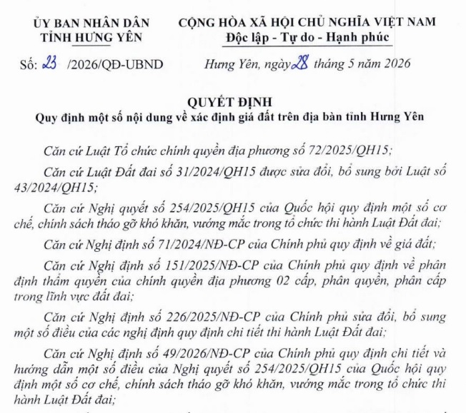 Quy định về xác định giá đất tại Hưng Yên năm 2026
