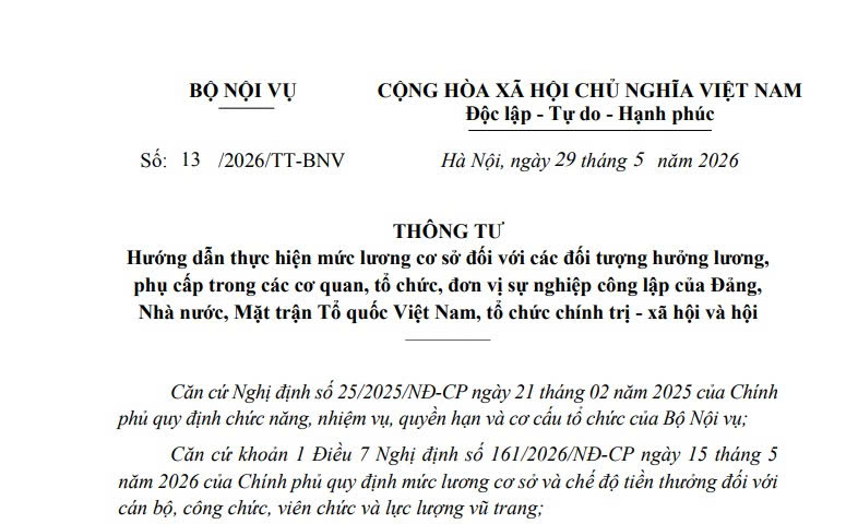 Đã có Thông tư 13/2026/TT-BNV hướng dẫn mức lương cơ sở từ ngày 01/7/2026