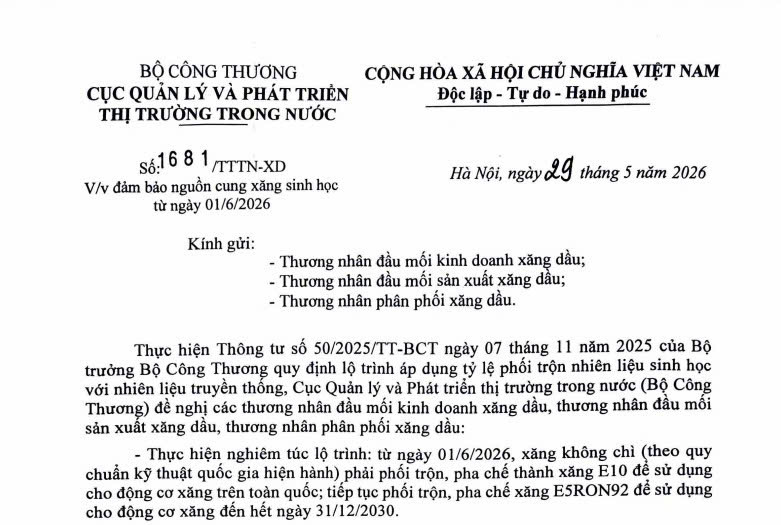 Đảm bảo nguồn cung xăng E10 và xăng E5 từ ngày 01/6/2026 (Công văn 1618/TTTN-XD)