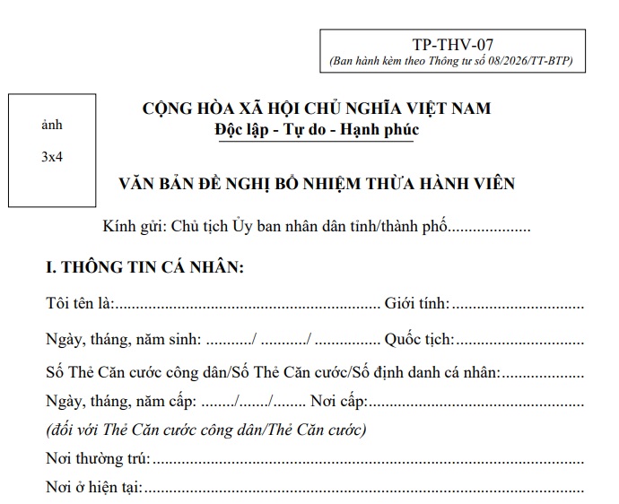 Mẫu văn bản đề nghị bổ nhiệm Thừa hành viên từ 01/7/2026 (Mẫu TP-THV-07)