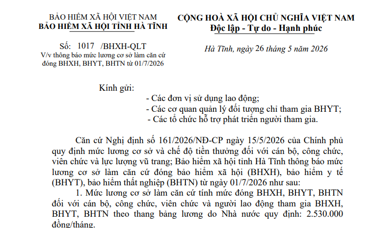 Công văn 1017/BHXH-QLT: Thông báo mức lương cơ sở làm căn cứ đóng BHXH, BHYT, BHTN từ 01/7/2026 