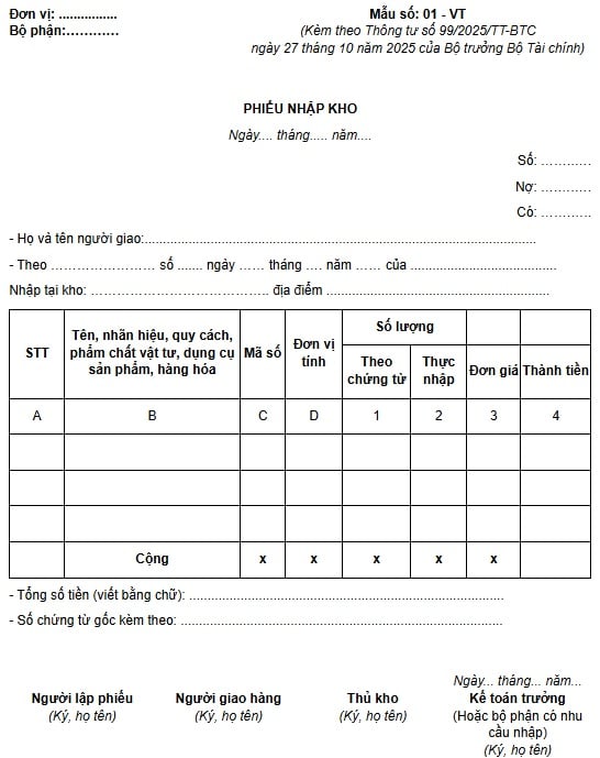 Mẫu phiếu nhập kho mới nhất theo Thông tư 99 (Mẫu số 01-VT)