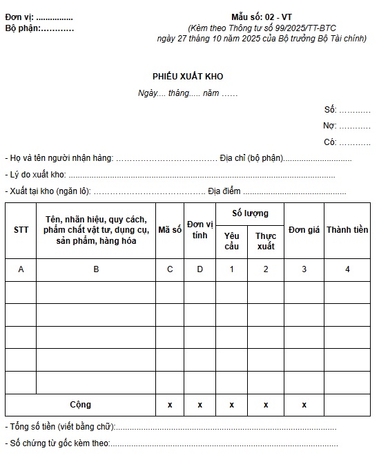 Mẫu phiếu xuất kho mới nhất theo Thông tư 99 (Mẫu số 02-VT)