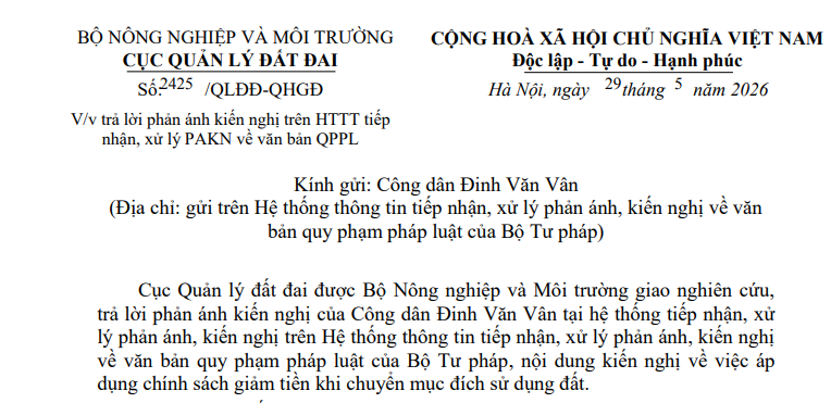 Hướng dẫn áp dụng chính sách giảm tiền khi chuyển mục đích sử dụng đất (Công văn 2425/QLĐĐ-QHGĐ)