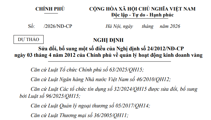 Dự thảo Nghị định sửa đổi Nghị định 24/2012 về kinh doanh vàng