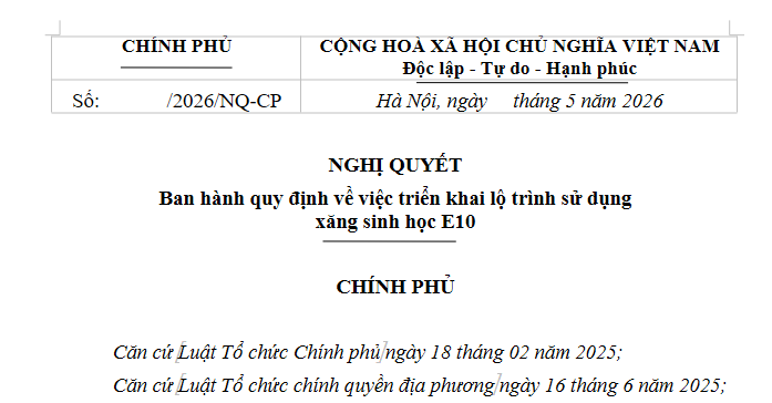 Dự thảo Nghị quyết về việc triển khai lộ trình sử dụng xăng sinh học E10