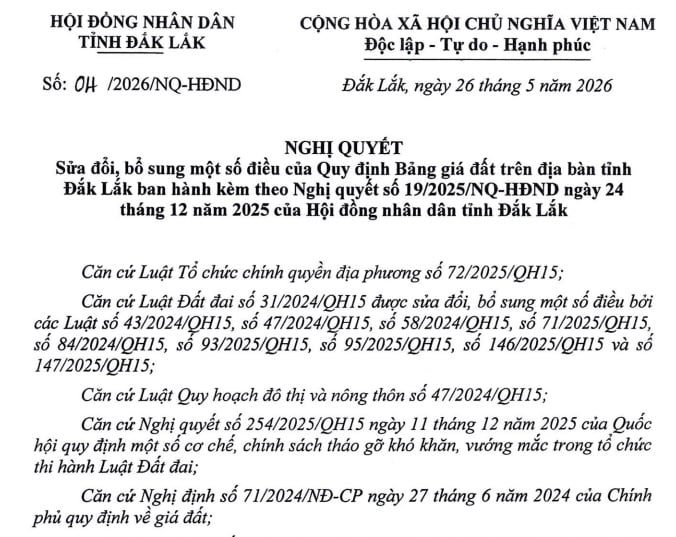 Đã có Nghị quyết 04/2026/NQ-HĐND sửa đổi Bảng giá đất Đắk Lắk