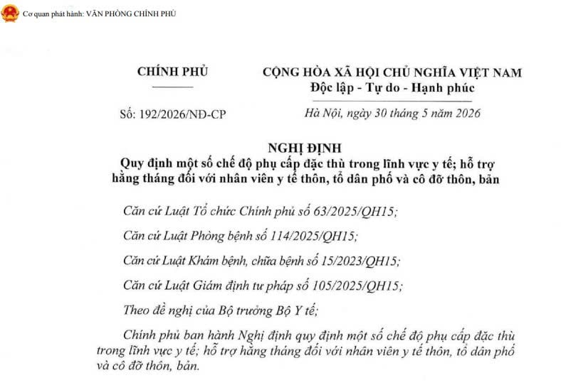 Đã có Nghị định 192/2026/NĐ-CP chế độ phụ cấp đặc thù trong lĩnh vực y tế từ 15/7/2026