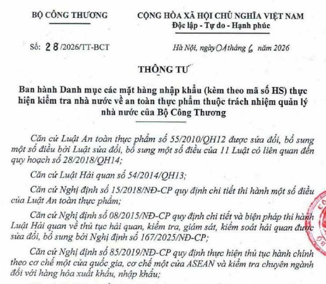 Đã có Thông tư 28/2026/TT-BCT danh mục các mặt hàng nhập khẩu thực hiện kiểm tra an toàn thực phẩm