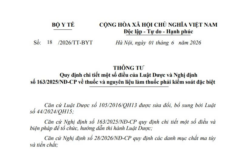 Đã có Thông tư 18/2026/TT-BYT về thuốc và nguyên liệu làm thuốc phải kiểm soát đặc biệt 