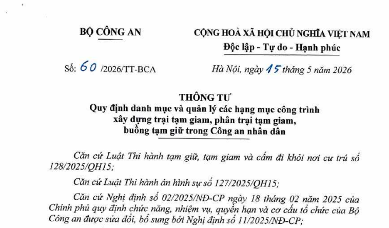 Đã có Thông tư 60/2026/TT-BCA quy định quản lý công trình xây dựng trại tạm giam