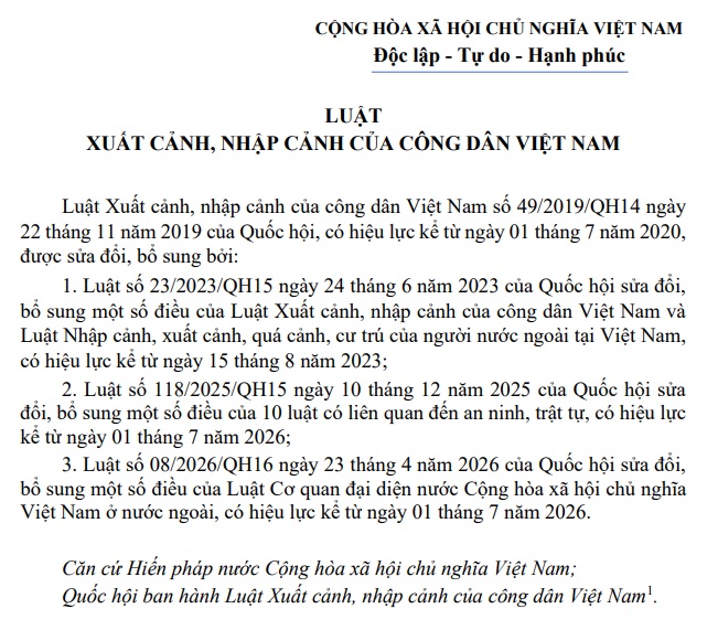 Đã có Văn bản hợp nhất Luật Xuất cảnh nhập cảnh của công dân Việt Nam mới nhất