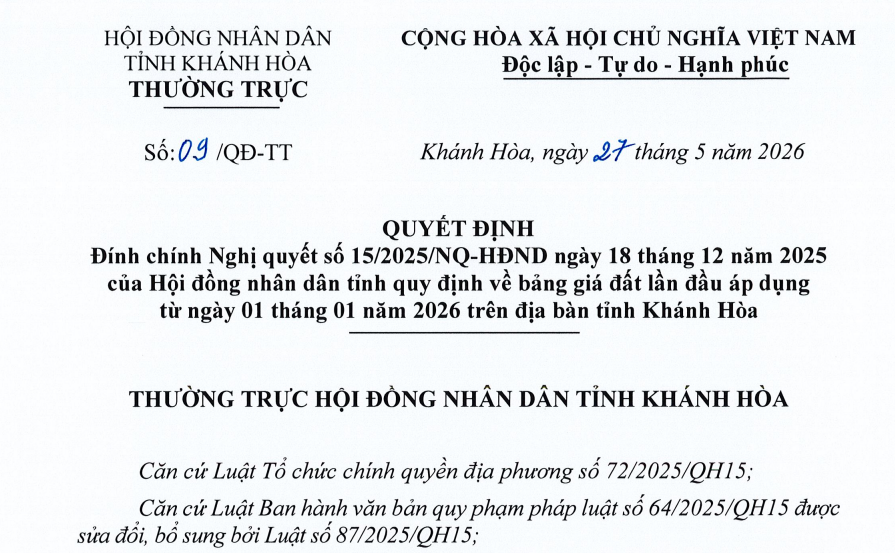 Đính chính bảng giá đất Khánh Hòa 2026