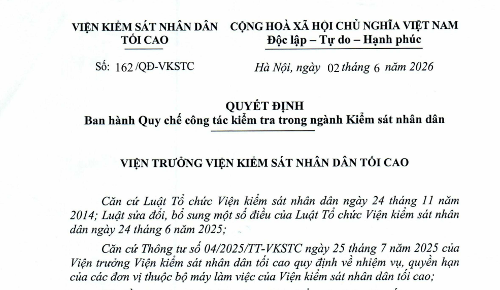 Đã có Quyết định 162/QĐ-VKSC 2026 về Quy chế công tác kiểm tra trong ngành Kiểm sát nhân dân